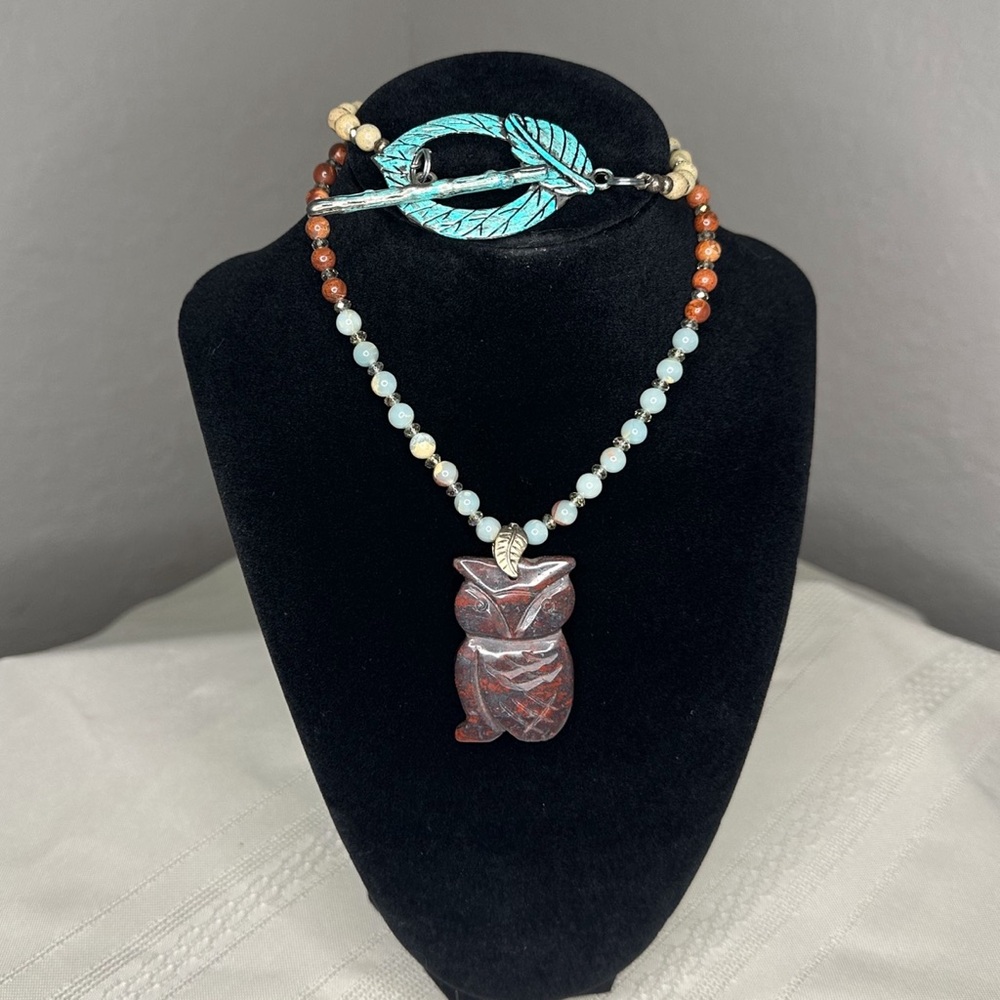 Handcrafted Unique Owl Pendant Necklace with Turquoise and Brown Accents
